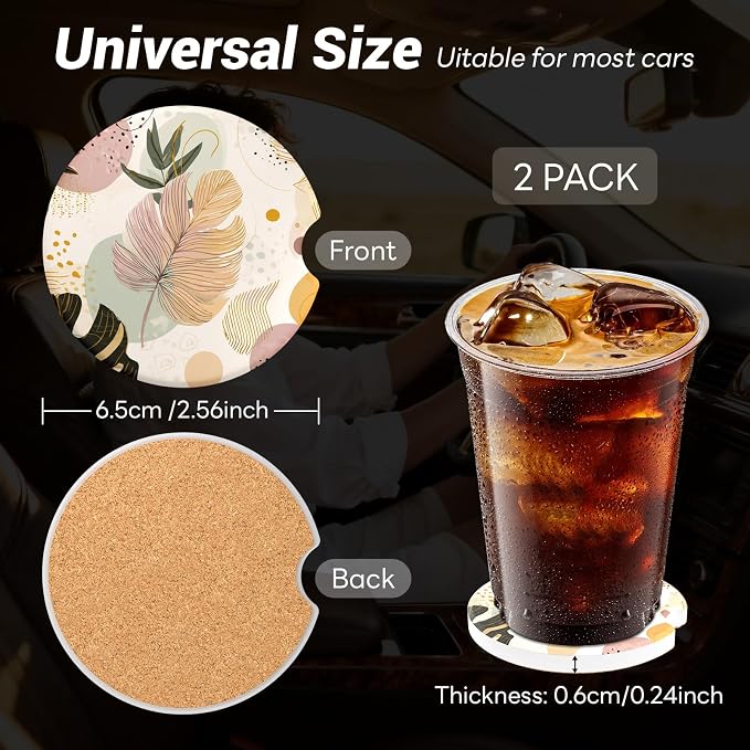 Car Cup Holder Ceramic Coasters 2 Pack, 2.56 in Anti Slip Absorbent Coaster with Cork Base and Finger Notch, Funny Cute Car Accessories Interior for Women, Boho Leaf