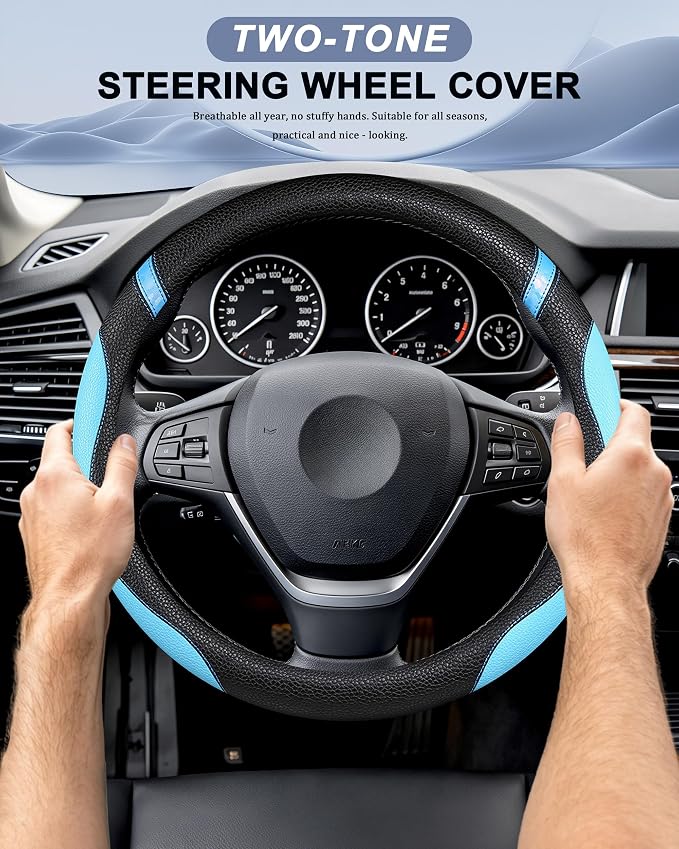 Universal Leather Steering Wheel Cover for Women Steering Wheel Cover for Car 15 inch (Blue)