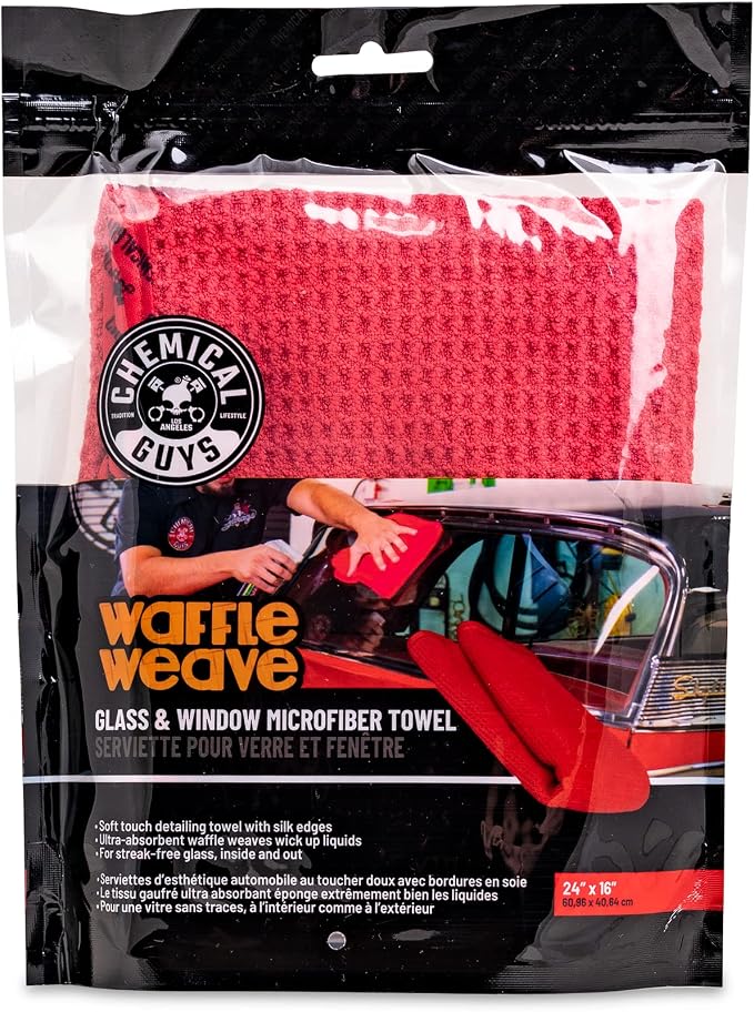 Chemical Guys, Waffle Weave Glass & Window Microfiber Towel, Red, 24 x 16 | Waffle-weave towel wipes glass, mirrors and windows streak-free, scratch-safe for cars, home and mirrors