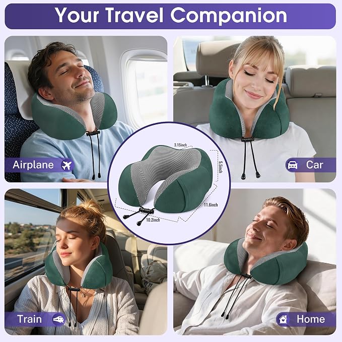 CloudBliss Travel Pillow for Airplane, Set of 2 Memory Foam Neck Pillow for Travel, Travel Neck Pillow for Long Flight, Car & Office, Trip Accessories with Eye Mask, Earplugs, Carry Bag, Black & Green