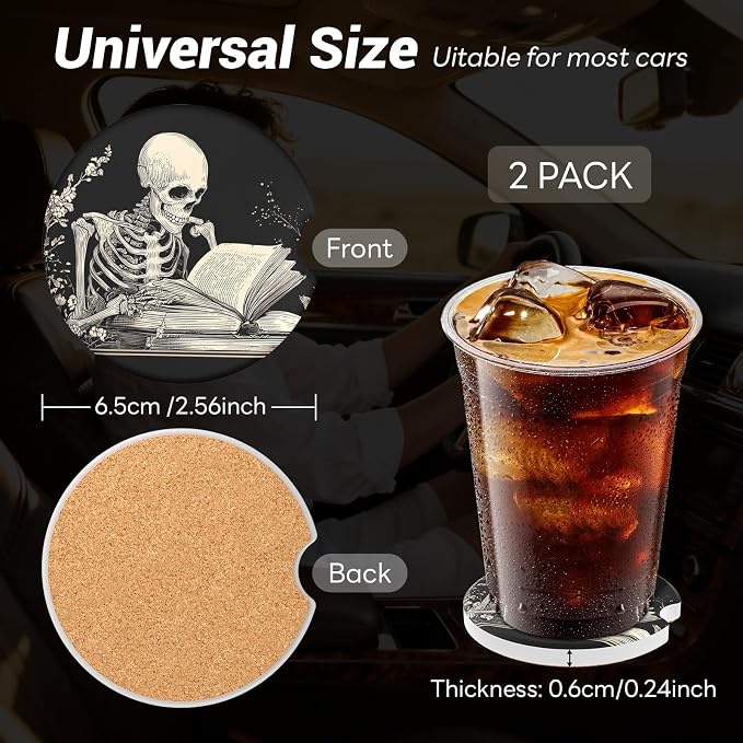 Car Cup Holder Ceramic Coasters 2 Pack, 2.56 in Anti Slip Absorbent Coaster with Cork Base and Finger Notch, Funny Cute Car Accessories Interior for Women, Skeleton Man