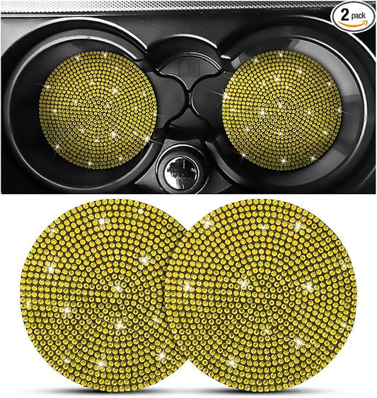 Osilly Bling Car Cup Holder Coaster, 2 Pack Crystal Rhinestone Anti-Slip Insert Coasters, Universal 2.75 Inch Fashion Automotive Cup Mat, Car Interior Accessories Decor Gifts for Women (Yellow)