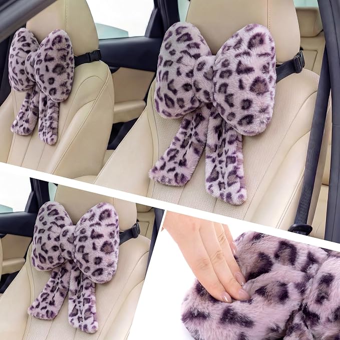 Macarrie 2 Pcs Car Neck Pillow Plush Butterfly Bow Car Headrest Pillow Comfortable Seat Neck Support Cute Head Rest Accessories for Driving Travel Driver Chair Girl Interior Decor(Purple,Leopard)