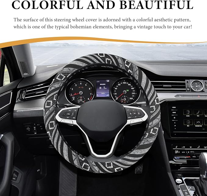 Boho Steering Wheel Cover, 15 Inch Coarse Flax Cloth Ethnic Style Anti-Slip Car Wheel Wrap, Universal Breathable Bohemian Steering Wheel Protector for Cars Vans Trucks (E)