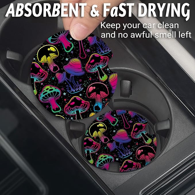 Yonlevres Car Coasters for Cup Holders，2.75" Anti Slip Rubber Mat with A Finger Notch, 2 Pack Car Cup Holder Coasters for Car Interior Accessories for Women Men Mushroom