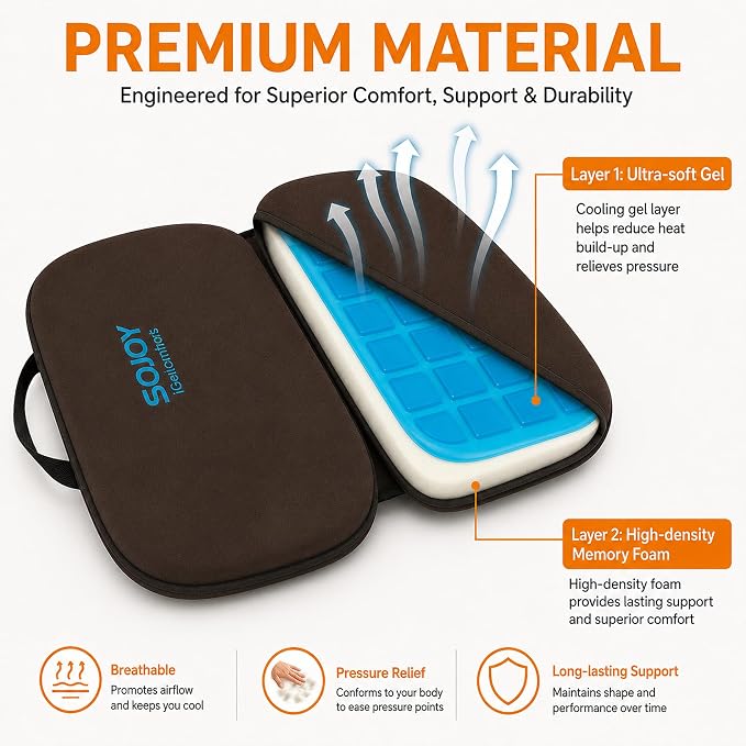 Sojoy 3-in-1 Foldable Gel Seat Cushion with Memory Foam Ergonomic Portable Cushion for Back Pain & Tailbone Relief - Perfect for Office Chair, Airplane Travel & Stadium Seats (18.5" x 15" x 2" Brown)