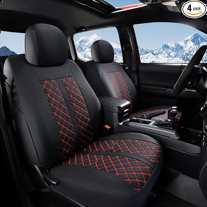 Truckiipa Toyota Tacoma Front Seat Covers, Waterproof Leather Seat Cushion Covers Fit for 4th Gen 2024-2026 Toyota Tacoma Double Crew Cab SR SR5 Limited TRD Sport/Off Road, Front Pair, Black&Red