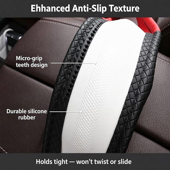 SHIAWASENA Auto Car Steering Wheel Cover, Universal 15 Inch Fit, Soft Leather, Breathable Anti Slip (Black&Orange)