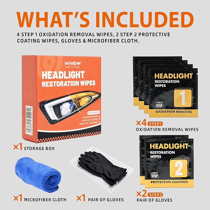 Headlight Cleaner Wipes Kit, 6 Wipes 2-Step Headlight Restorer for Cloudy Yellow Plastic Lenses, Removes Light Oxidation and Haze, No Sanding, Protective Coating for Cars