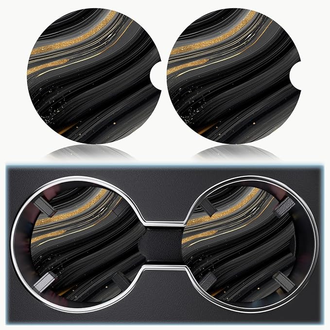 Car Cup Holder Coaster Set of 2, 2.56 in Ceramic Coasters, Scratch-Resistant Cork Backing, Finger Groove Design for Easy Placement, Cute Car Accessories Interior for Women (Black Marble)