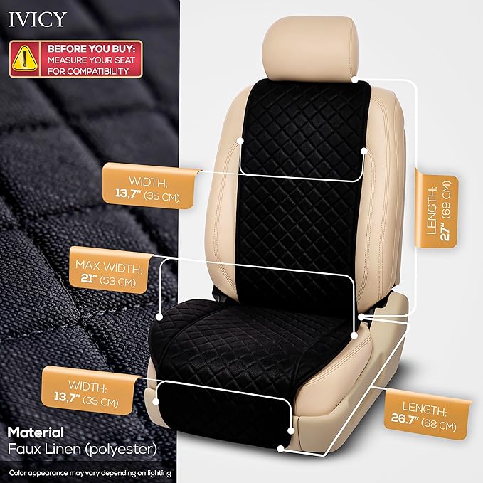 IVICY Faux Linen Front Car Seat Cover – Non-Slip Bucket Seat Protector for Most Cars, SUVs, Vans & Trucks – 1 Seat Cover, Machine Washable, Side-Airbag Friendly, Black