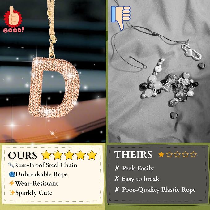 Bling Car Accessories for Women Letter Charm, Rainbow Crystal Rearview Mirror Pendant, Cute Diamond Rhinestone Car Decor, Lucky Gift for Women(D, Champagne Gold)