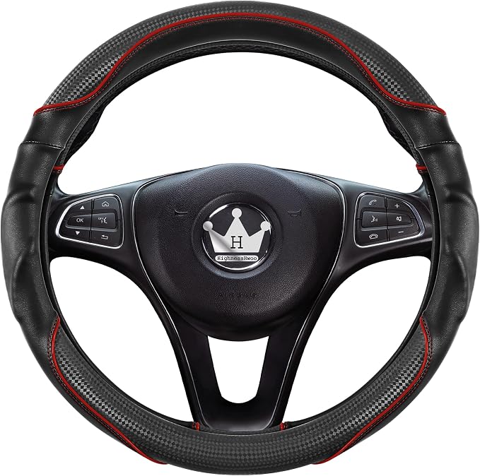 HighnessHwoo 3D Car Steering Wheel Cover Comfort Grip Massage Sporty Anti-Slip Carbon Fiber Faux Leather for Sedan SUV, Universal Fit, Car Handle Covers for All Seasons, 14.75-15.15in, Red