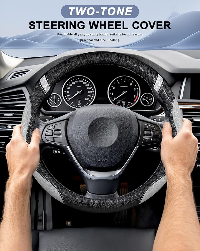 Steering Wheel Cover for Men Women Leather Universal Steering Wheel Covers for Car 15inch (Gray)