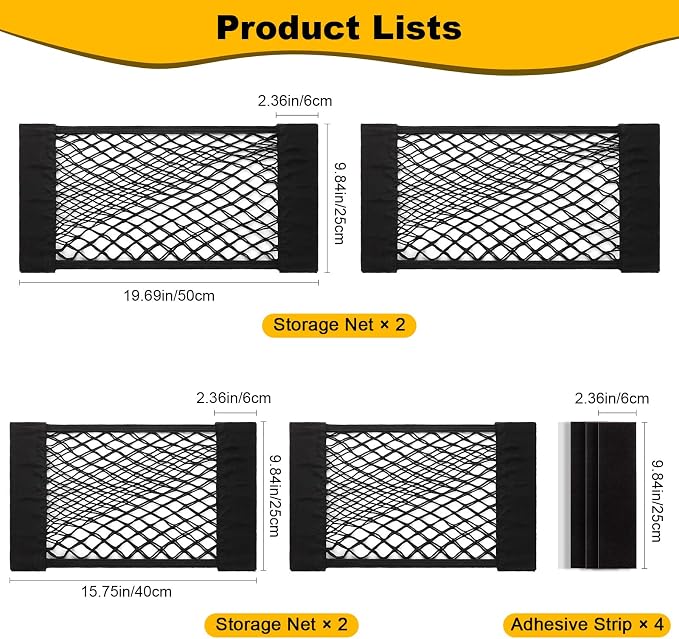 PIFOOG 4Pcs Car Storage Net Pockets, Stretchable Mesh Cargo Net Organizer with Adhesive Hook and Loop Strips, Universal Trunk Back Seat RV Camper SUV Truck Storage Pouch, 11.8" x 9.8" & 15.7" x 9.8"