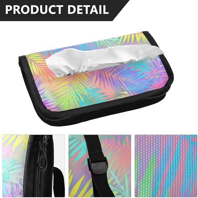 Car Tissue Holder Car Napkin Holder Tissue Box Dispenser Storage Case Sun Visor Mask Holder Accessories with Adjustable Straps Reusable Refillable Rainbow Palm Leaf Vibrant Tropical
