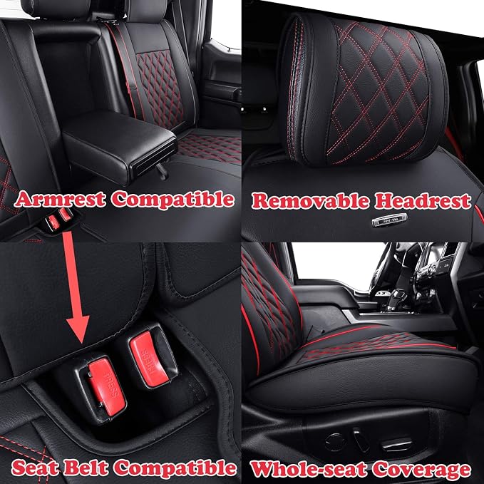 Aierxuan Full Set Car Seat Covers Custom Fit 2009-2026 Ford F150 Crew Cab, 2017-2026 F250 F350 F450 Super Duty Pick-up Truck, Automotive Vehicle Cushion Cover with Waterproof Leather (Black and Red)