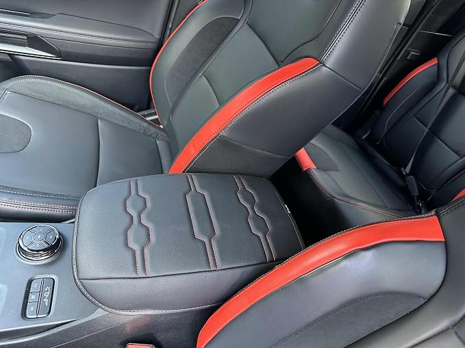 Muslogy Center Console Armrest Cover Fit for Ford Ranger 2024 2025 2026 Accessories, Comfort Armrest Pad Console Lid Cushion Vegan Leather Regular Thick(Black/Orange Trim)