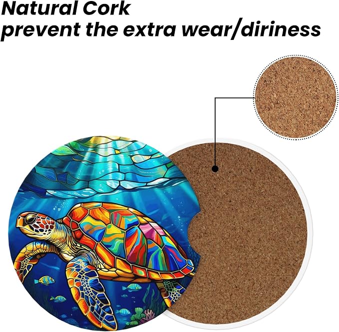 Sea Turtle Ocean Car Cup Holder Coasters 2 Pack 2.63" for Women | Stained Glass Universal Anti Slip Ceramic Absorbent Coaster with Cork Base and Finger Notch Cute Car Accessories Interior