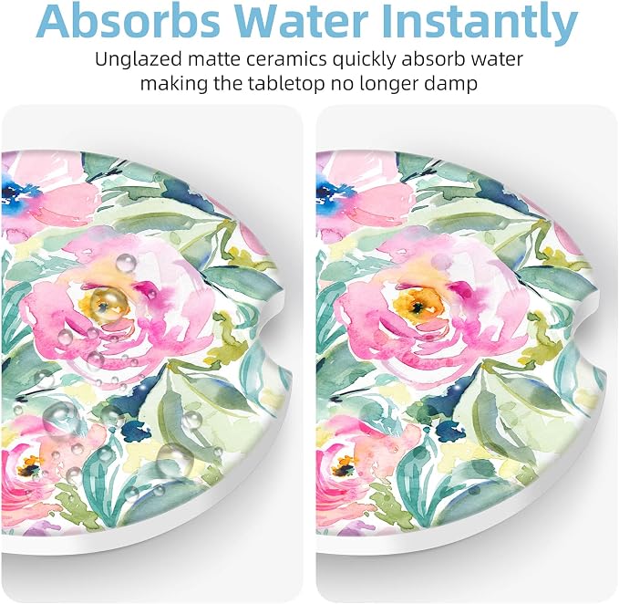 2 Pack Car Coasters for Cup Holders, 2.56" Universal Absorbent Ceramic Stone Car Cup Holder Coasters with Non-Slip Cork Base, Car Interior Accessories for Women Men(Pink Peony Floral)