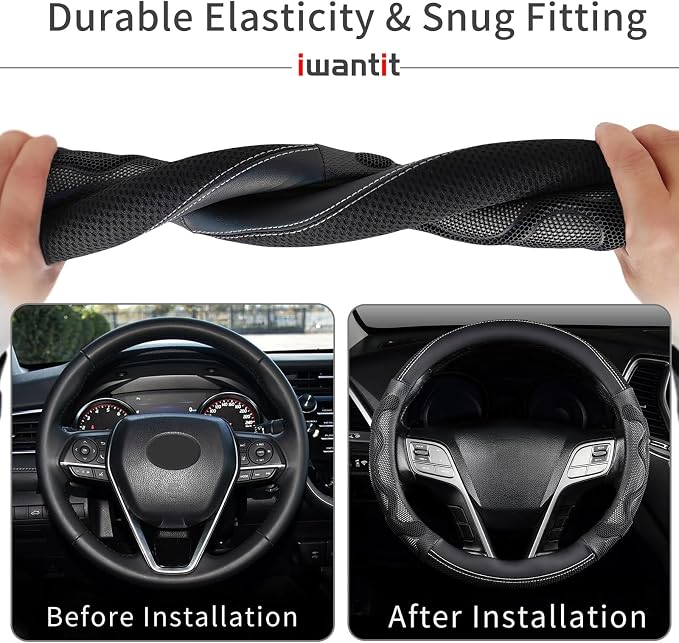 Iwantit® Steering Wheel Cover with 3D Honeycomb Anti-Slip Design and Breathable Fabrics, Universal 14.5-15 Inch (White/Black)