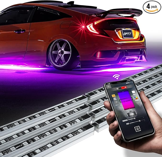 OPT7 Aura Pro RGB Aluminum Car Underglow Kit with App & Remote Control | Waterproof Rigid Light Bars, Multicolor Music Sync Lighting, Neon Accent Underbody Lights, Exterior Car Gifts, 12V