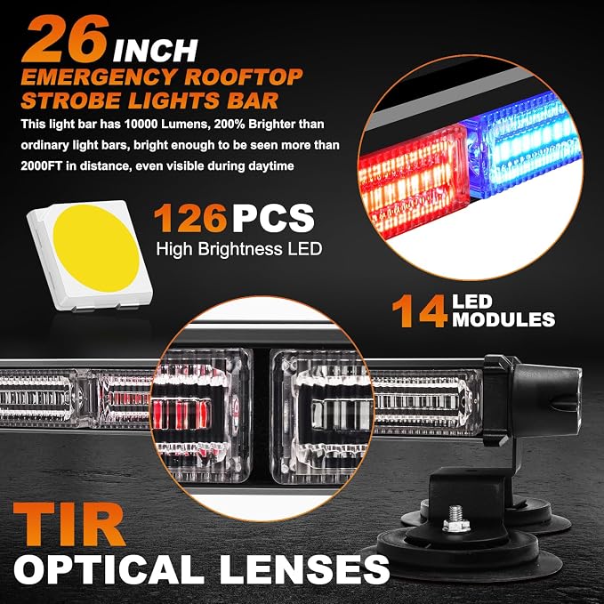 ASPL 26inch 126 LED Rooftop Emergency Strobe Lights Bar Double Side Flashing Safety Warning Traffic Advisor Light Bar Hazard Snow Plow Light for Work Trucks Vehicles Construction Tow Pickup(Red/Blue)