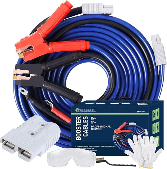 SAFEMATE 2/0 Gauge 30 FT Heavy Duty Jumper Cables - 1500Amp Booster Jumper Cable for Car, SUV and Trucks Battery - Quick Connect, Blue