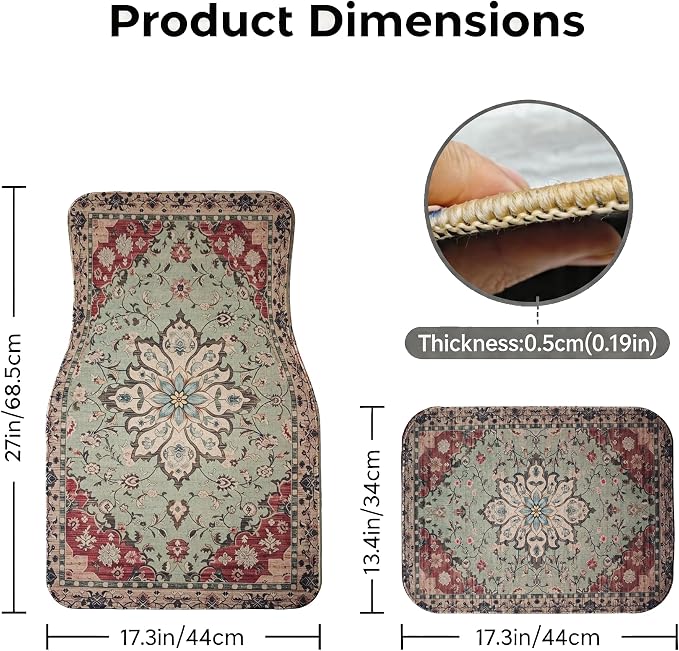 Vintage Car Floor Mats-Non-Slip Rubber Backing,Front (26.8x17.3in) & Rear (13x17.3in) Set-Water Absorbing, Durable Automotive Floor Liners with Stylish Patterns