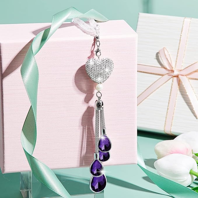 Frienda Bling Car Rear View Mirror Accessories for Women Gift Cute Heart Crystal Hanging Charm Diamond Decoration Lucky Interior Ornament Pendant(9.8 Inch,Purple)