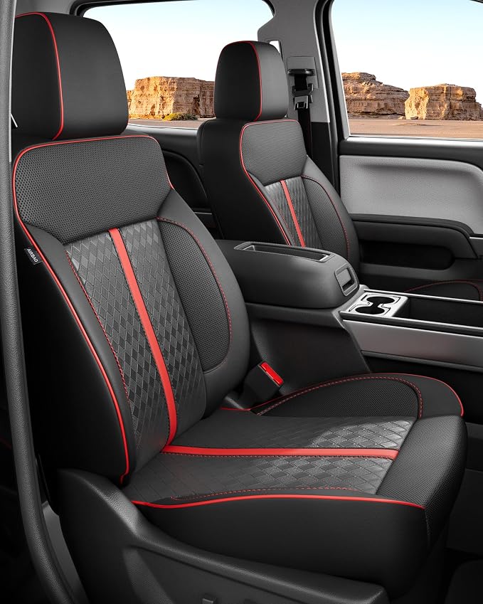 for Chevy Silverado & GMC Sierra Leather Seat Covers Crew Cab 1500 2014-2018, 2500HD 3500HD 2015-2019, Custom Seat Cover Full Set, Pickup Protectors Accessories, Black Red(W/O Rear Cupholder)