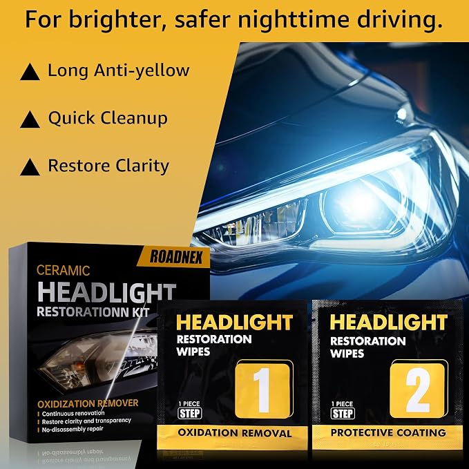 Headlight Restoration Kit, Ceramic Headlight Cleaner and Restorer Kit 2-Step Wipes, Removes Yellowing, Oxidation & Cloudiness, Restores Clarity Brings Headlights Back to Like New Condition,（2 Pack）