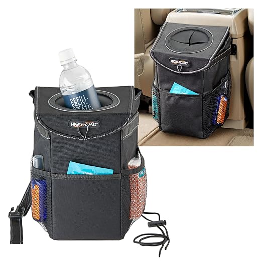 High Road StashAway Heavy Duty Car Trash Can with Rubber Lid, 3 Storage Pockets and Sturdy Panels for Stable Floor or Hanging Seatback Use (Black)