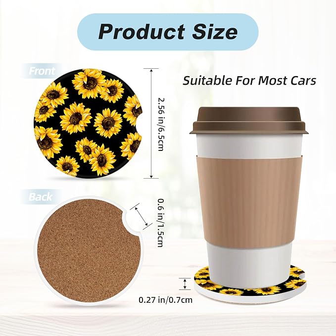 Sunflower Car Coasters for Cup Holders,2 Pack Car Cup Holder Coasters for Car,Ceramic Absorbent Car Coaster with A Finger Notch and Cork Base,Car Interior Accessories for Women Men