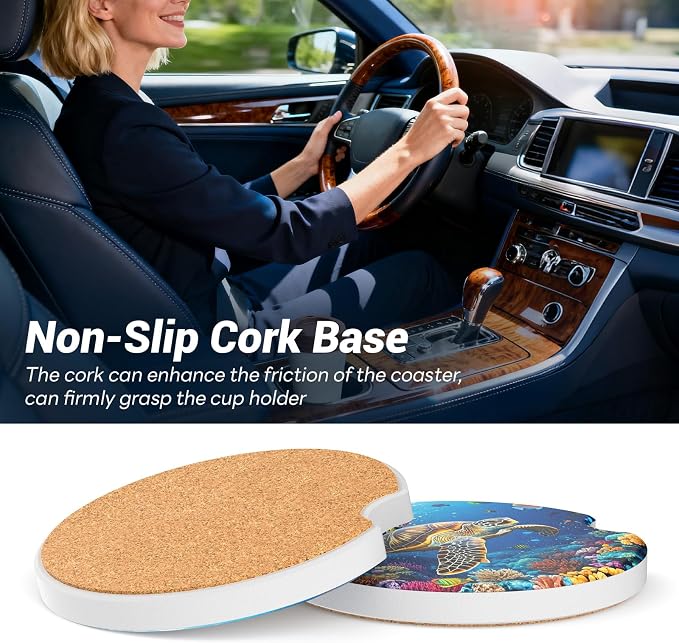 2 Pack Ceramic Car Coasters for Cup Holder, 2.56 in Anti Slip Absorbent Coaster with Cork Base and Finger Notch, Funny Cute Car Accessories for Women, BigTurtle