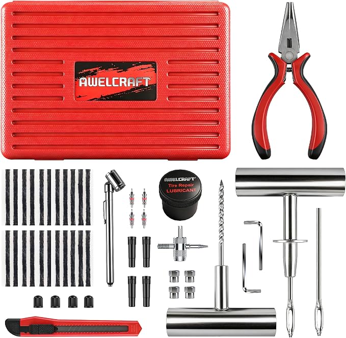 AWELCRAFT 68-Piece All-in-One Heavy Duty Tire Plug Kit – Professional Tire Repair Set, T-Handle Tools, Valve Kit, 40 Plugs, Pliers, Knife – Universal for Car