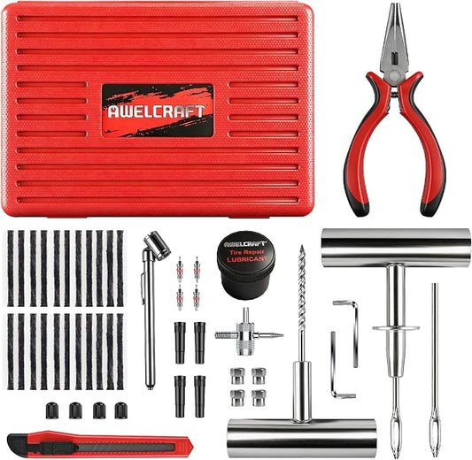 AWELCRAFT 68-Piece All-in-One Heavy Duty Tire Plug Kit – Professional Tire Repair Set, T-Handle Tools, Valve Kit, 40 Plugs, Pliers, Knife – Universal for Car