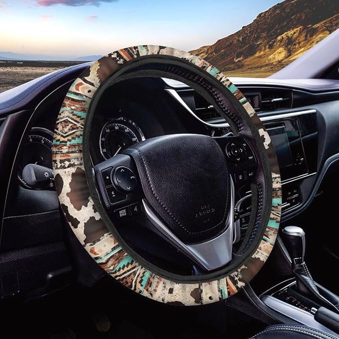 Wanyint Aztec Brown Cow Print Retro Auto Car Steering Wheel Cover for Women Men, Universal 15 Inch Soft Elastic Anti-Slip Easy to Install Car Accessories