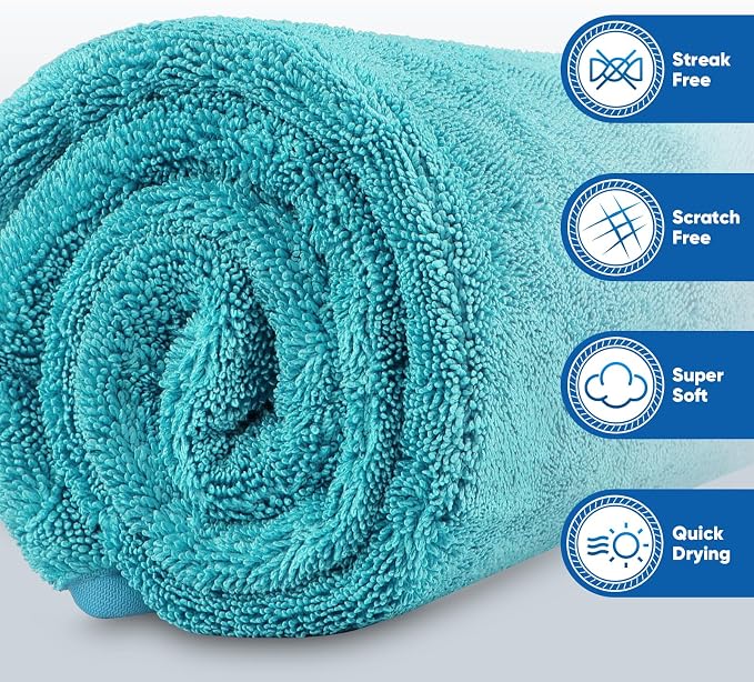 HOMEXCEL Professional Car Drying Towel (36"x 24") with Twisted-Loop Technology, 1200GSM for a Streak-Free Finish – Microfiber Towels for Cars, Trucks, SUVs, RVs and Motorcycles, Lake Green
