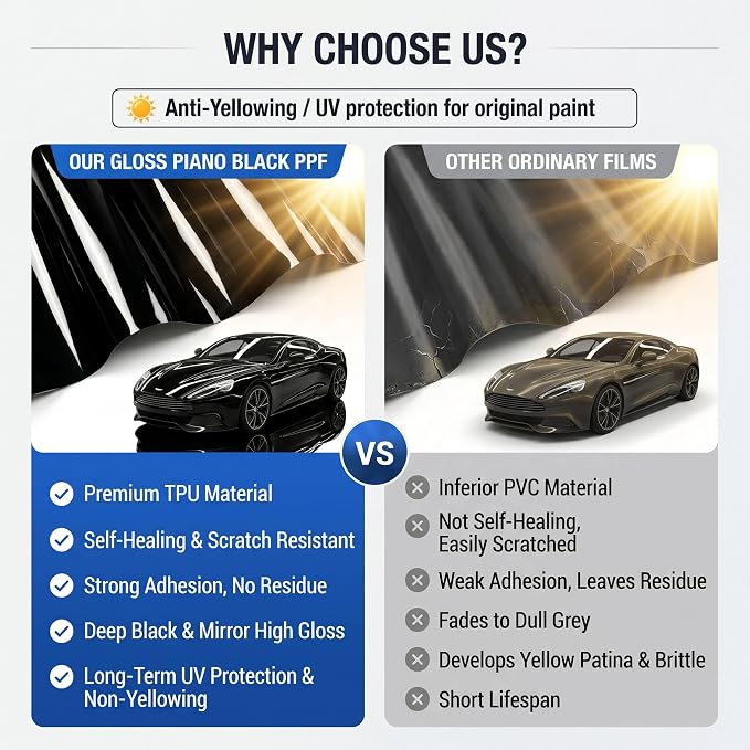 Piano Black PPF Paint Protection Film 50FT x 5FT Roll with PET Liner, Ultra Gloss Finish, Bubble-Free & Repositionable Adhesive, UV Protection for Cars, SUVs, Trucks (Ultra Gloss Black PPF)