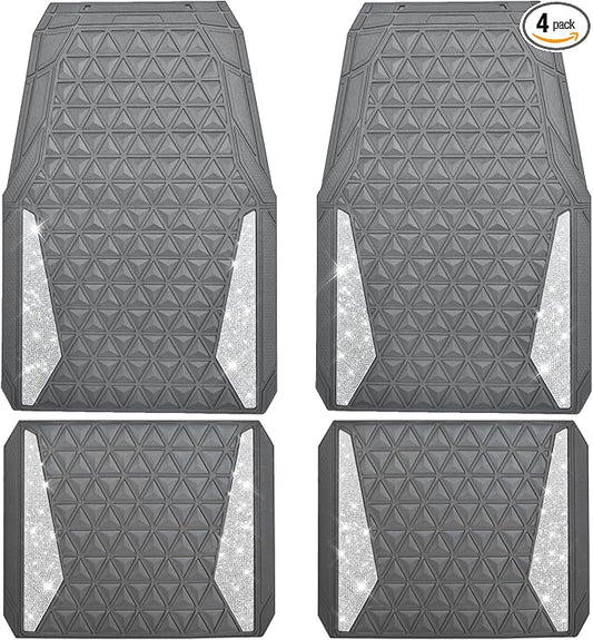 CAR PASS Bling Diamond Car Mats Gray Rubber Floor Mats Full Set Anti-Slip 3D Rhombus Waterproof Trim to Fit Liner Universal Glitter Crystal Sparkly Shining Rhinestone Girl Women SUV Sedan Van All Gray