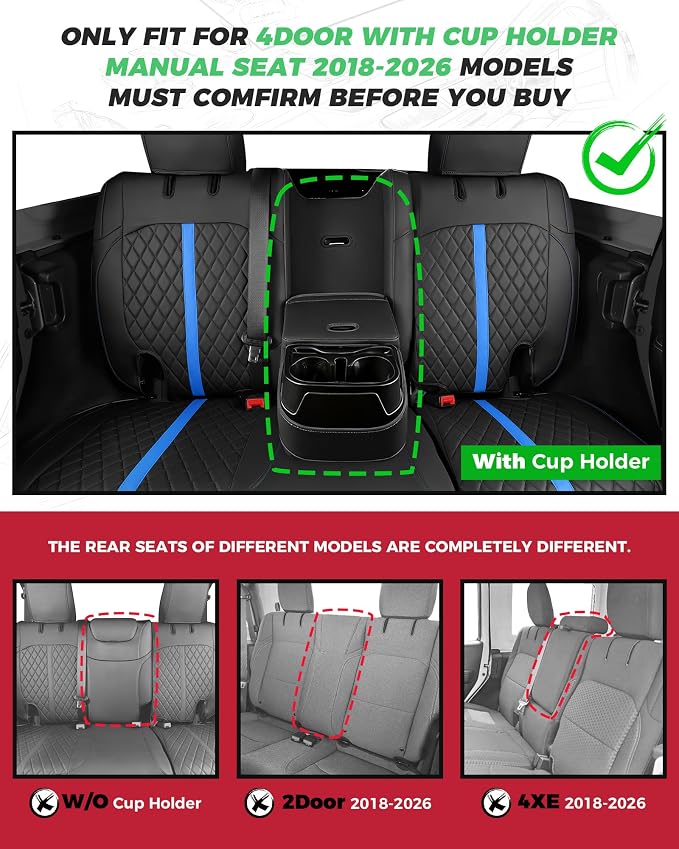 for Jeep Wrangler Seat Covers 4Door JL 2018 2019 2020 2021 2022 2023 2024 2025 2026, Custom Car Seat Cover Full Set, Luxury Waterproof Leather Protectors, Black Blue Trim,with Rear Cup Holder