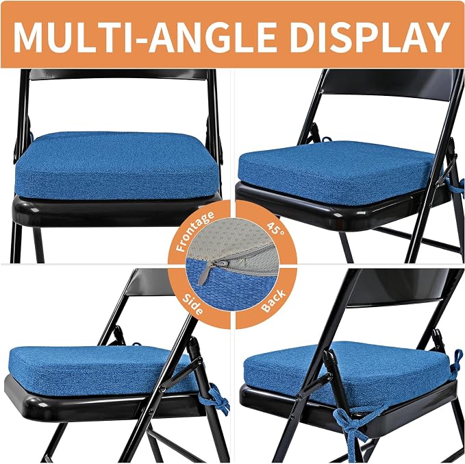 SINOSSO Memory Foam Chair Cushions for Folding Chairs 6 Pack, Thickened 2" Square Pads with Ties for Kitchen Chairs, Indoor Non-Slip Dining Chair Seat Cushions (Set of 6, Blue)