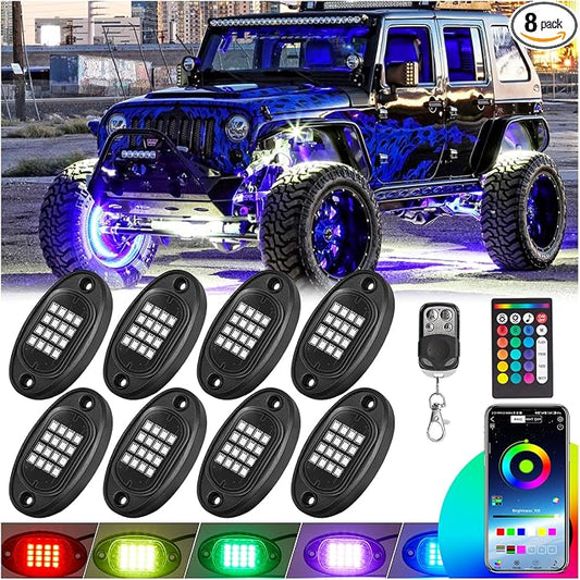 8 Pods RGB LED Rock Lights for Jeeps Trucks Golf Cart ATV UTV RZR SUV Offroad Pickup Car, Waterproof Multicolor Underglow Kit with APP Music Mode Underbody Neon Light Vehicle Underneath Accent 12V