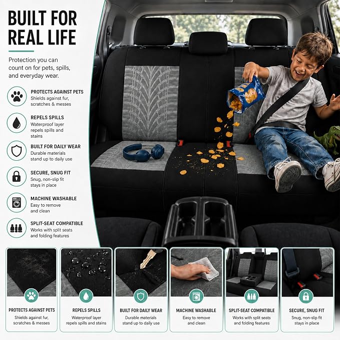 FH Group Full Set Travel Master Car Seat Covers, Airbag and Split Rear Car Seat Cover Universal Fit Interior Accessories for Cars Trucks SUV, Automotive Seat Covers, Gray