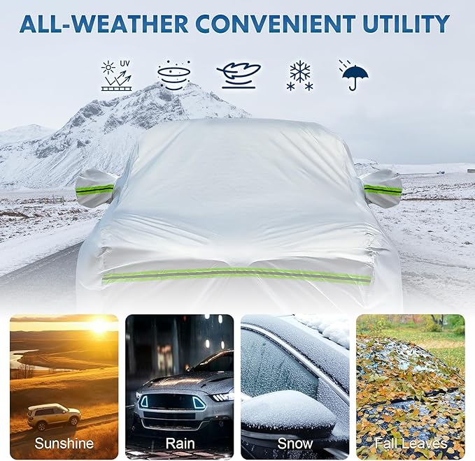 6-Layer Full Car Cover is All-Weather Waterproof, Universal in All Seasons, Snow Prevention Rainproof, Acid Rainproof, Sunscreen, Ultraviolet-Proof, Fit MPV 199"-210" Green Reflective Strip