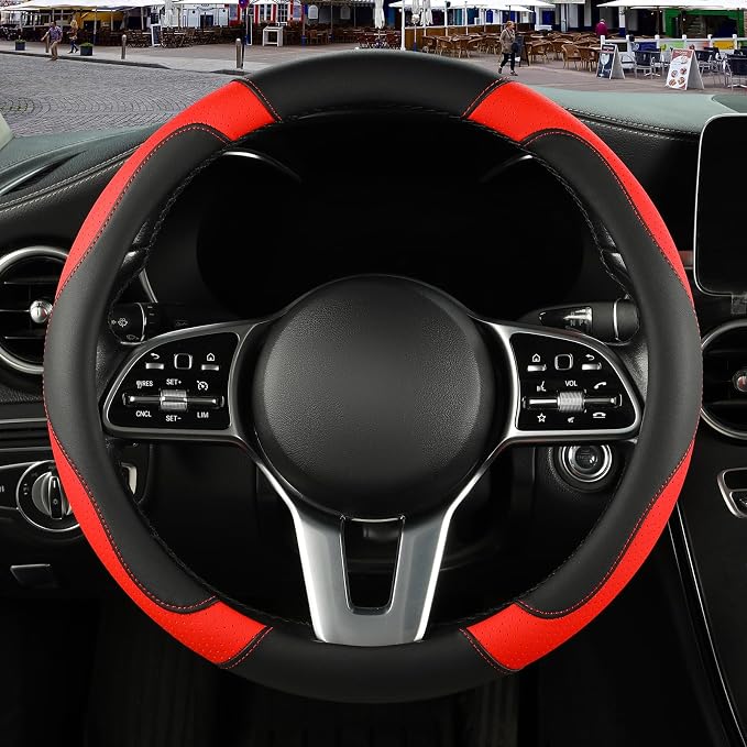 Black Red Microfiber Leather Steering Wheel Cover 14 inch | Breathable Anti Slip Grip Cool Sporty Look Glow for Women Men