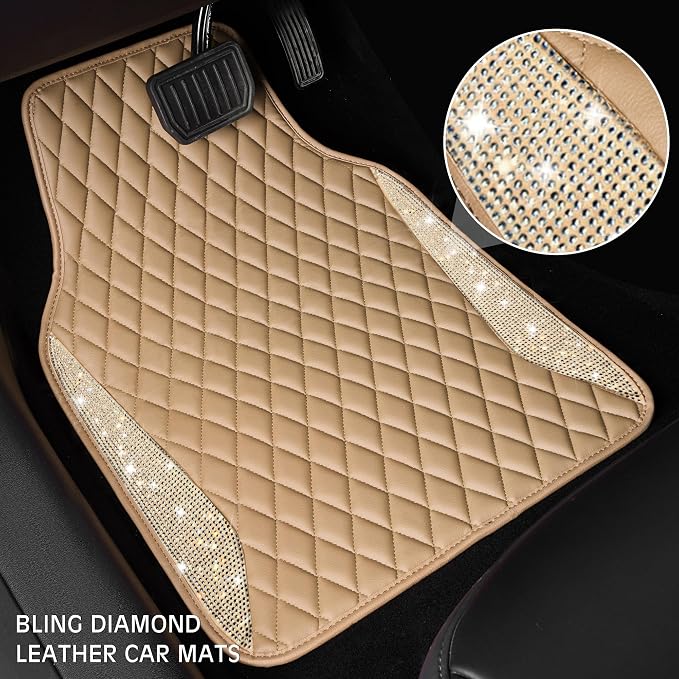 CAR PASS Bling Beige Leather Car Mats Shining Diamond Floor Mats Crystal Rhinestone Sparkly Glitter Carpet Anti-Slip Waterproof Pad Universal Fit for Automotive SUV, Sedan, Van, 5pcs Girl Women Beige