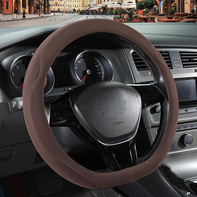 Brown Suede D Shaped Steering Wheel Cover 14.5 inch to 15 inch | Warm in Winter and Cool in Summer, Universal Felt Car Accessories, Breathable Non-Slip Sweat-Proof Wear-Resistant