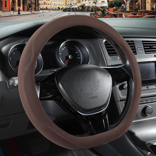 Brown Suede D Shaped Steering Wheel Cover 14.5 inch to 15 inch | Warm in Winter and Cool in Summer, Universal Felt Car Accessories, Breathable Non-Slip Sweat-Proof Wear-Resistant